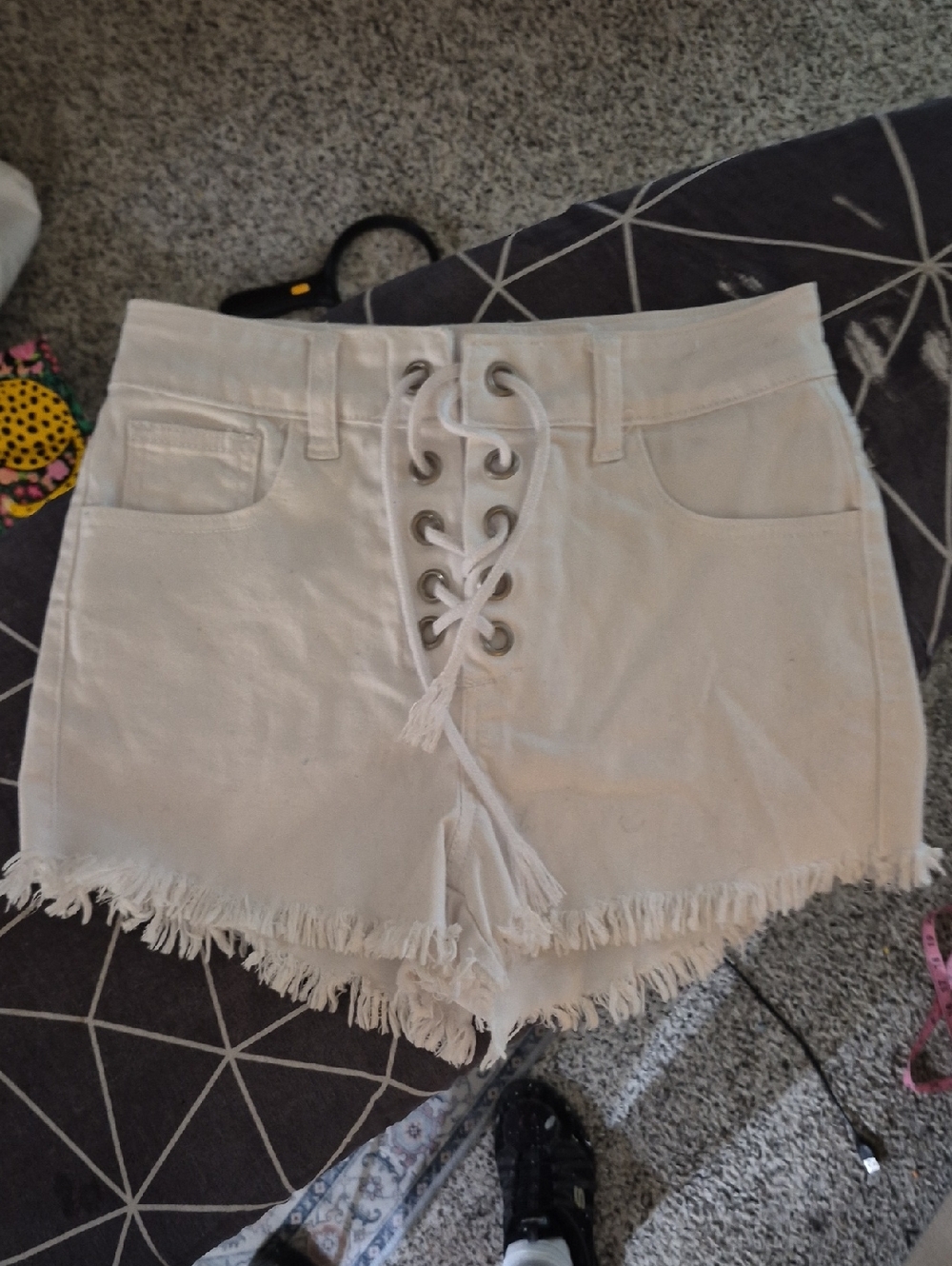 Gogo White Rivet Tie Fringed Lace up Shortie Shorts Sz 5